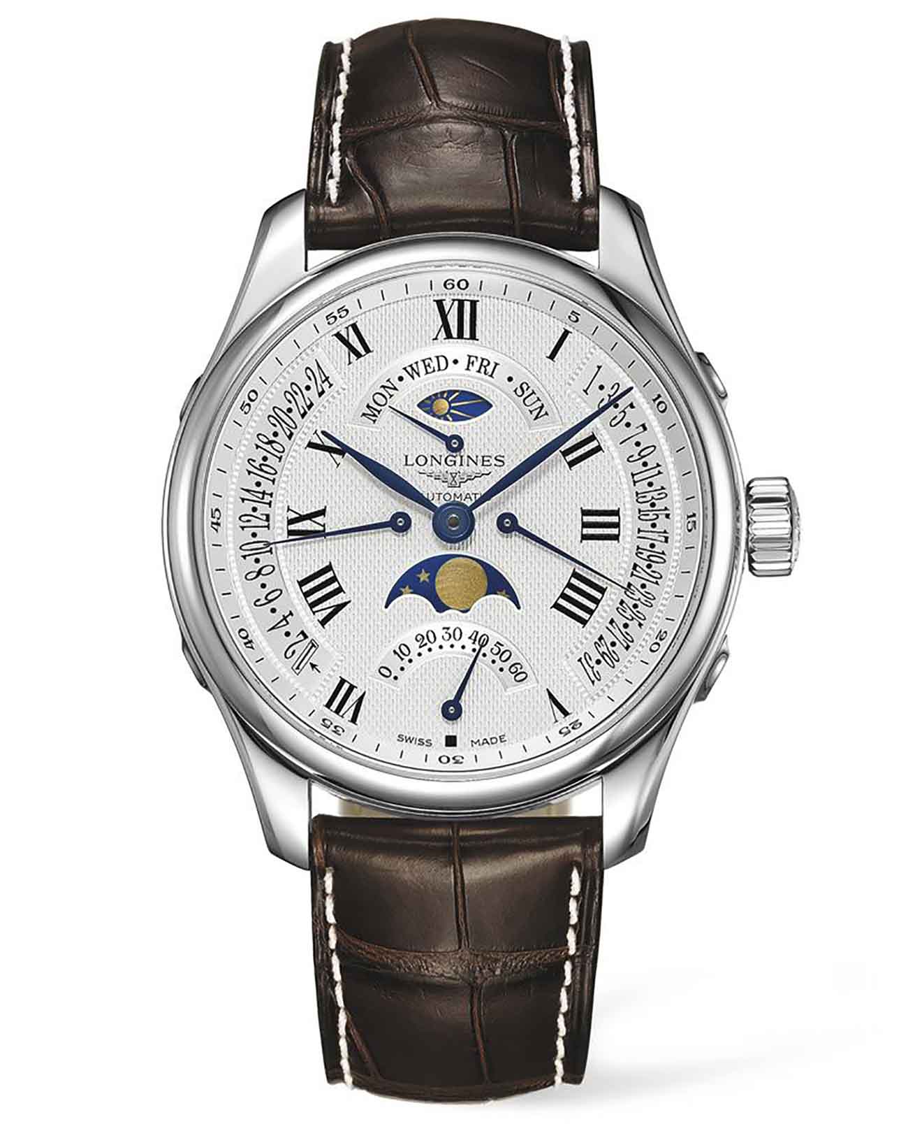 Longines Longines Master Collection L2.739.4.71.3  L27394713 механические мужские часы белый циферблат, браслет кожаный — вид спереди